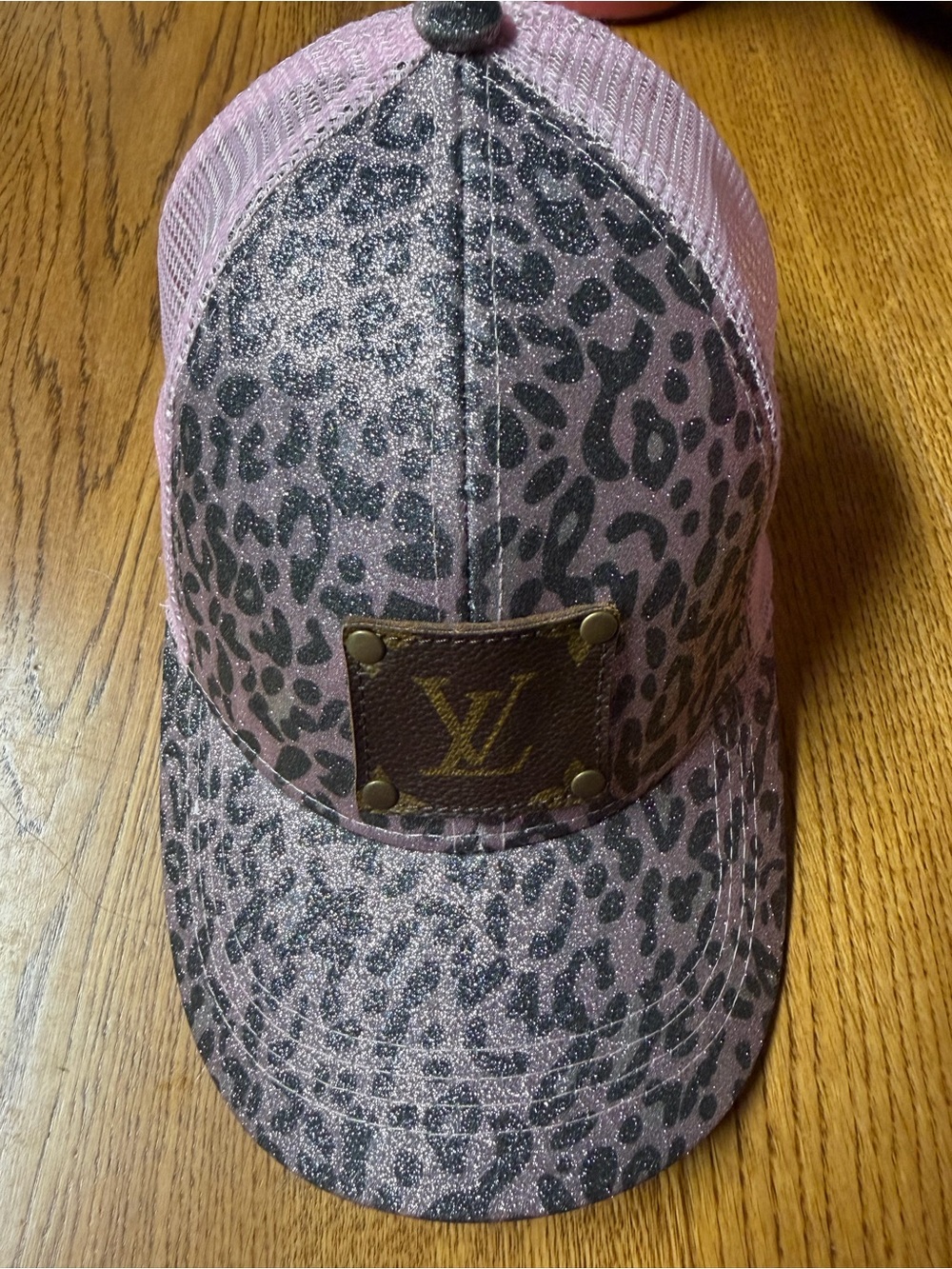 Pink Glitter Leopard Mesh Baseball Cap with Logo Patch